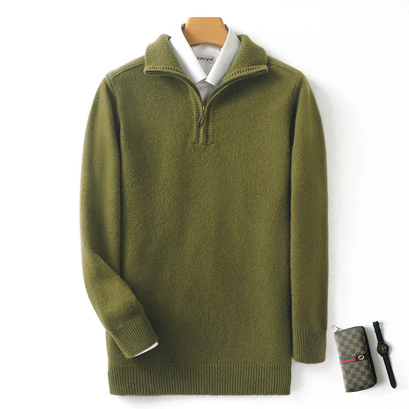 Autumn/Winter New Men's 100% Pure Wool Sweater Business Casual Half Zip Lapel Pullover Thickened Warm Knitted Long Sleeve Jumper