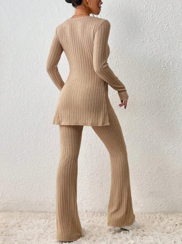Autumn Winter Women's Clothing New Style Solid Color Sexy Casual Long Sleeved Round Neck Slit Fashion Temperament Two-piece Set