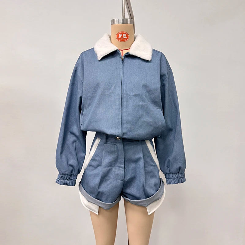 Solid Women Set Contrast Lapel Zip Up Denim Texture Jacket Elastic Waist Shorts Wide Leg Drawstring Trousers 2026 Autumn Suit