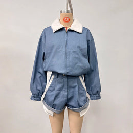 Solid Women Set Contrast Lapel Zip Up Denim Texture Jacket Elastic Waist Shorts Wide Leg Drawstring Trousers 2026 Autumn Suit