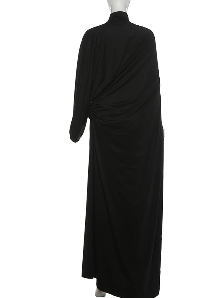 Nibber Greek Style 2Piece Set Women Turtleneck Asymmetrical Hem One Sleeve Folds Top+Elastic Waist Skirt Vacation Elegant Suits