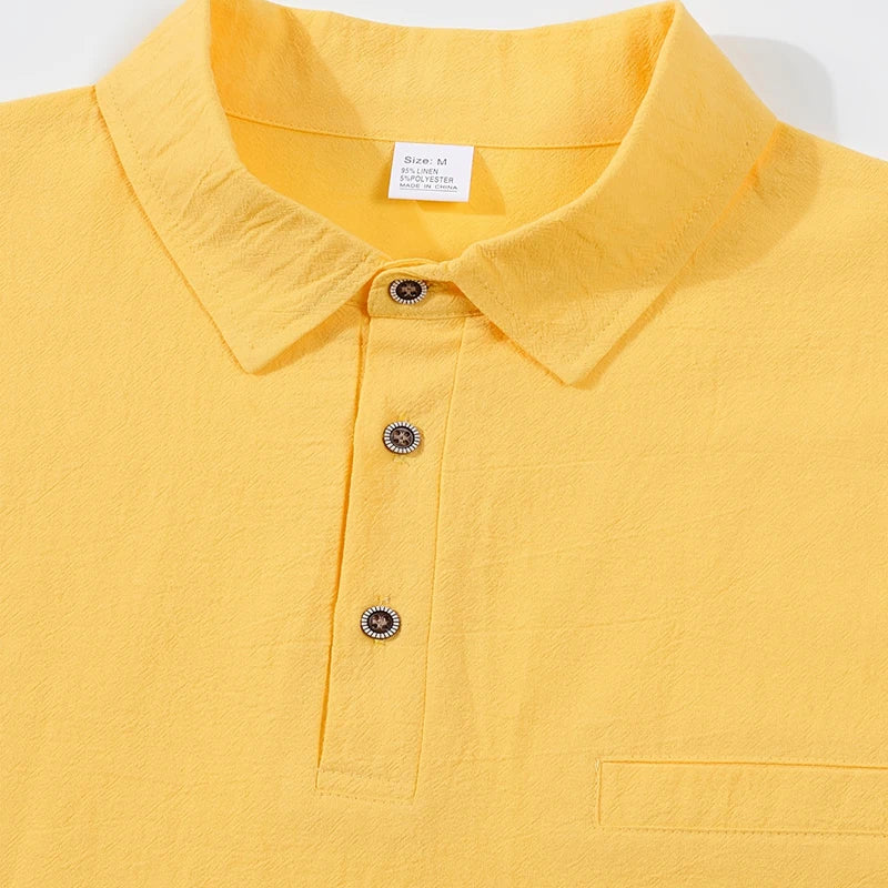 Men's Casual Soft Lightweight Linen Cotton Lapel Shirt Spring Autumn Loose Solid Color Fashion Decorative Flap Top