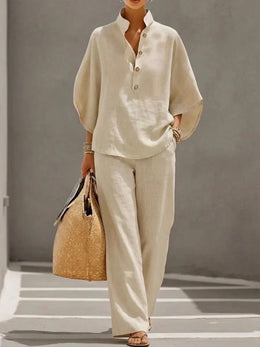 Fashion Cotton Linen Pant Set Women's Matching Sets Casual Stand Collar Button Top Wide Leg 2-piece Set Retro Female Office Suit