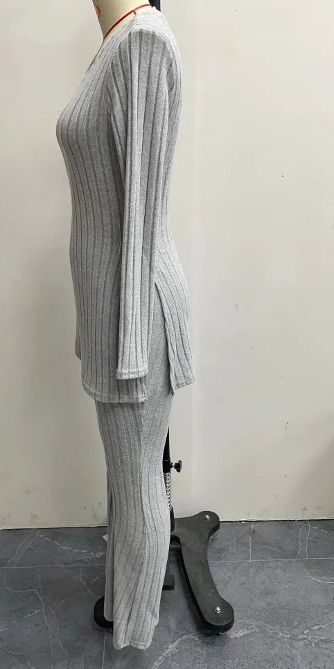 Autumn Winter Women's Clothing New Style Solid Color Sexy Casual Long Sleeved Round Neck Slit Fashion Temperament Two-piece Set