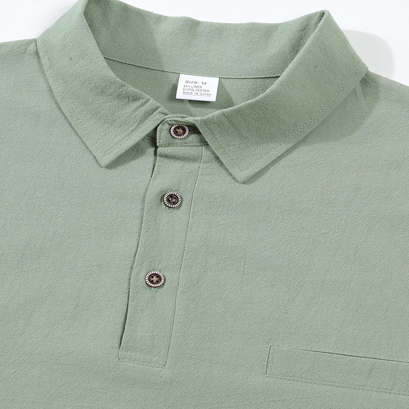 Men's Casual Soft Lightweight Linen Cotton Lapel Shirt Spring Autumn Loose Solid Color Fashion Decorative Flap Top