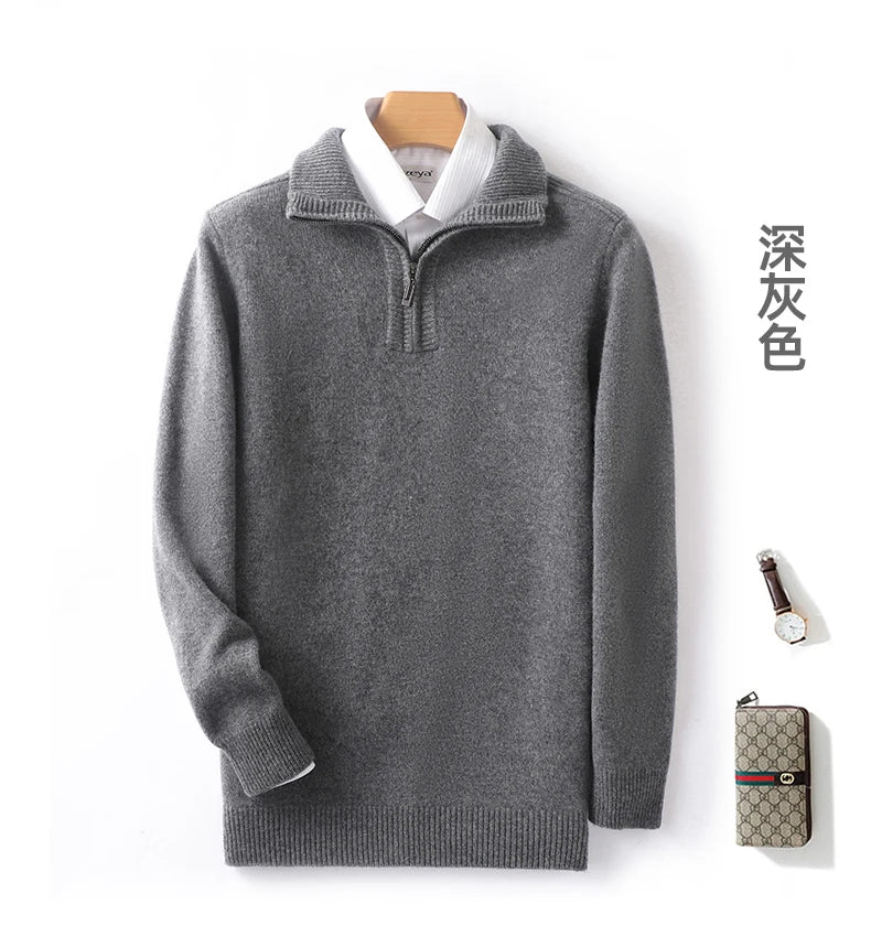 Autumn/Winter New Men's 100% Pure Wool Sweater Business Casual Half Zip Lapel Pullover Thickened Warm Knitted Long Sleeve Jumper