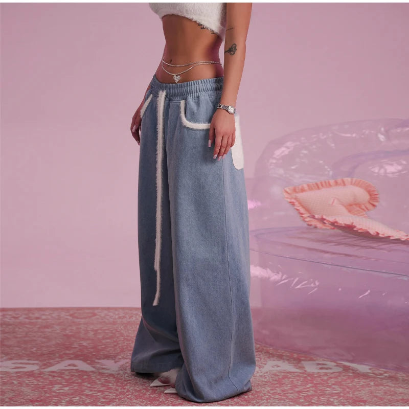 Solid Women Set Contrast Lapel Zip Up Denim Texture Jacket Elastic Waist Shorts Wide Leg Drawstring Trousers 2026 Autumn Suit