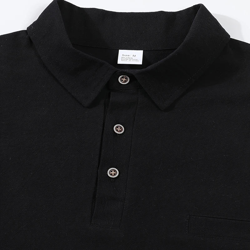 Men's Casual Soft Lightweight Linen Cotton Lapel Shirt Spring Autumn Loose Solid Color Fashion Decorative Flap Top