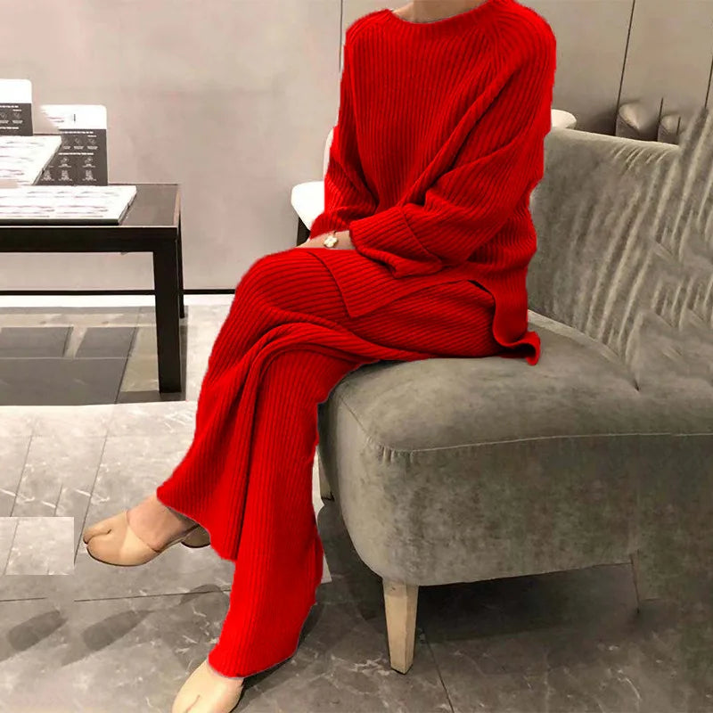 2025 Autumn Women New Loose Round Neck Long Sleeve Pullover + Straight Wide-leg Trousers Two-piece Suit Women's Home Casual Suit