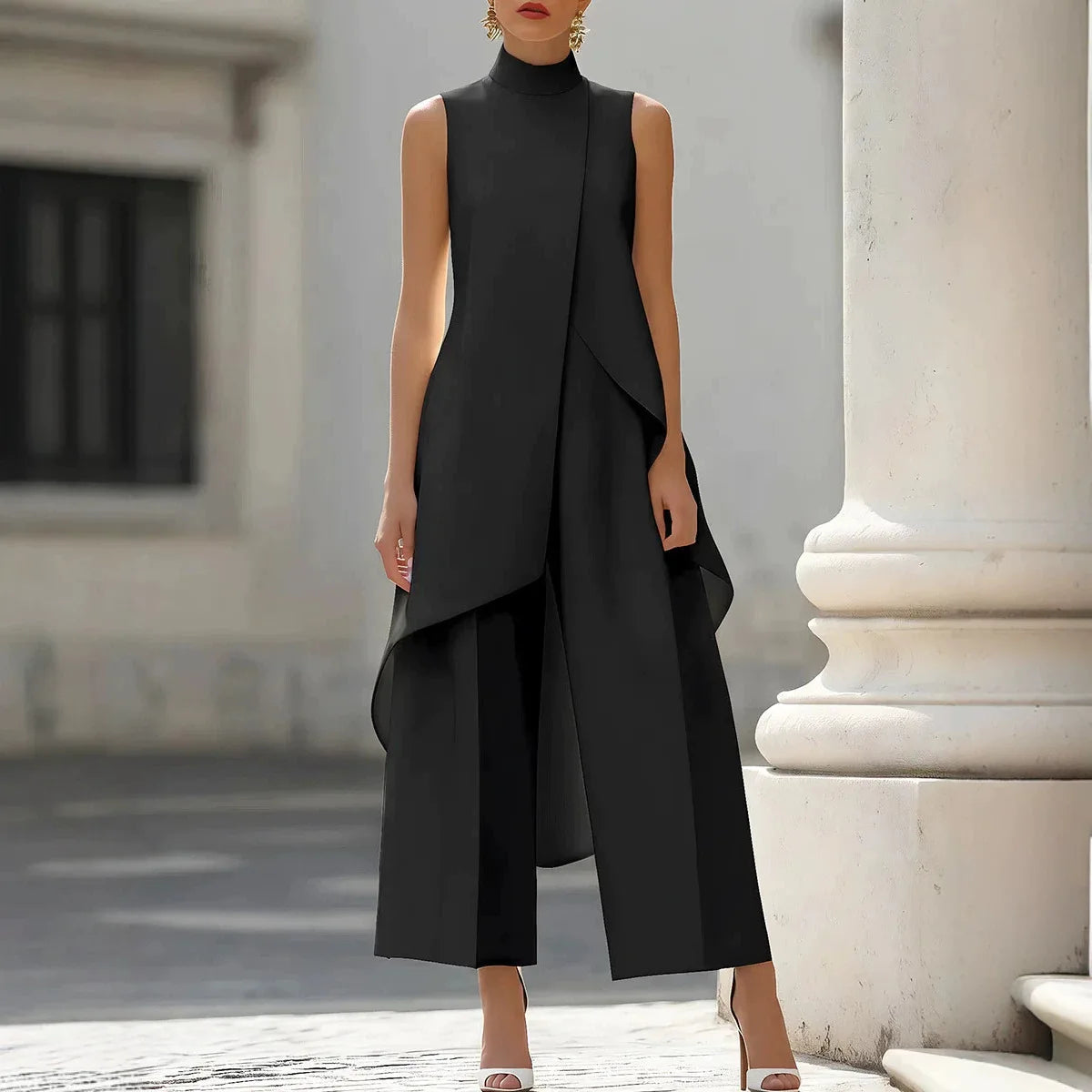 Womens Matching Sets 2026 Summer Fashion Sleeveslee Ensemble 2 Piece Woman Elegant Irregular Design Straight Pants Simple Style
