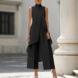 Womens Matching Sets 2026 Summer Fashion Sleeveslee Ensemble 2 Piece Woman Elegant Irregular Design Straight Pants Simple Style