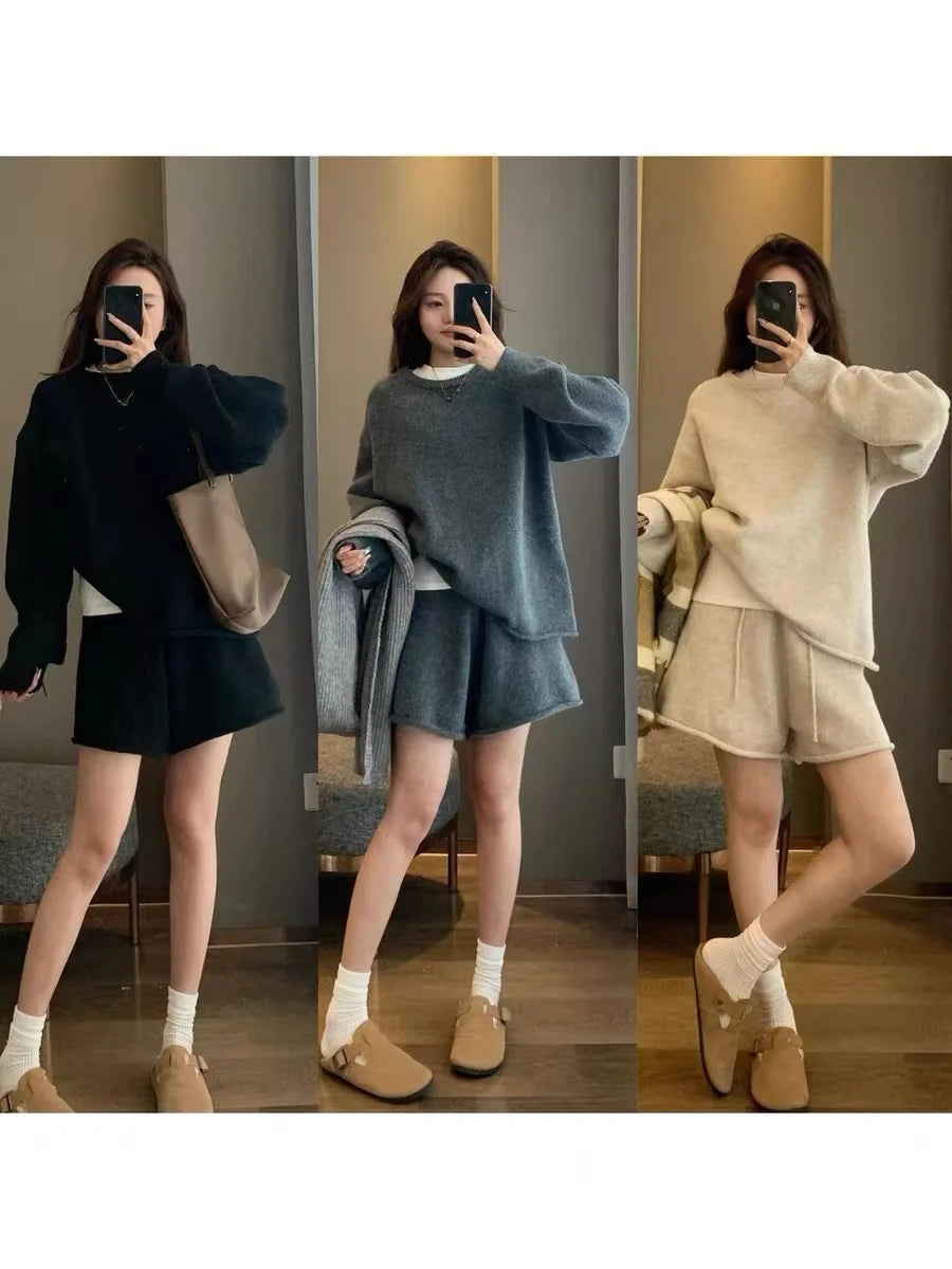 Korean Lazy Style Women's Set Autumn/Winter New Sheep Wool Loose O- Neck Long Sleeve Sweater High Waist Knit Shorts 2-piece Suit