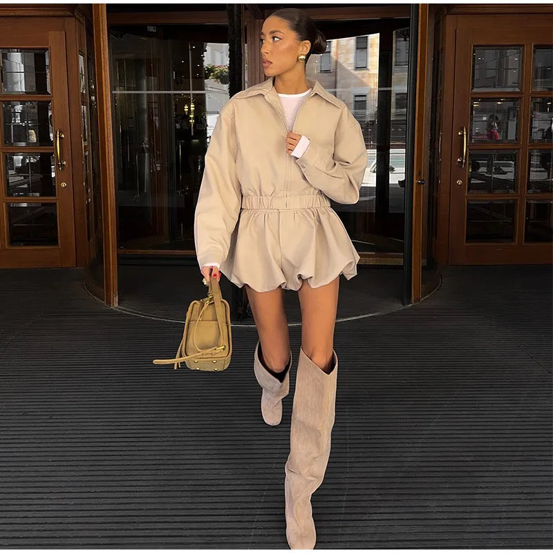 Flower Bud Shorts Coats Suits Women Lapel Long Sleeves Zipper Elastic Band Wide Legs Sets Female 2025 Autumn New Fashion Outfits