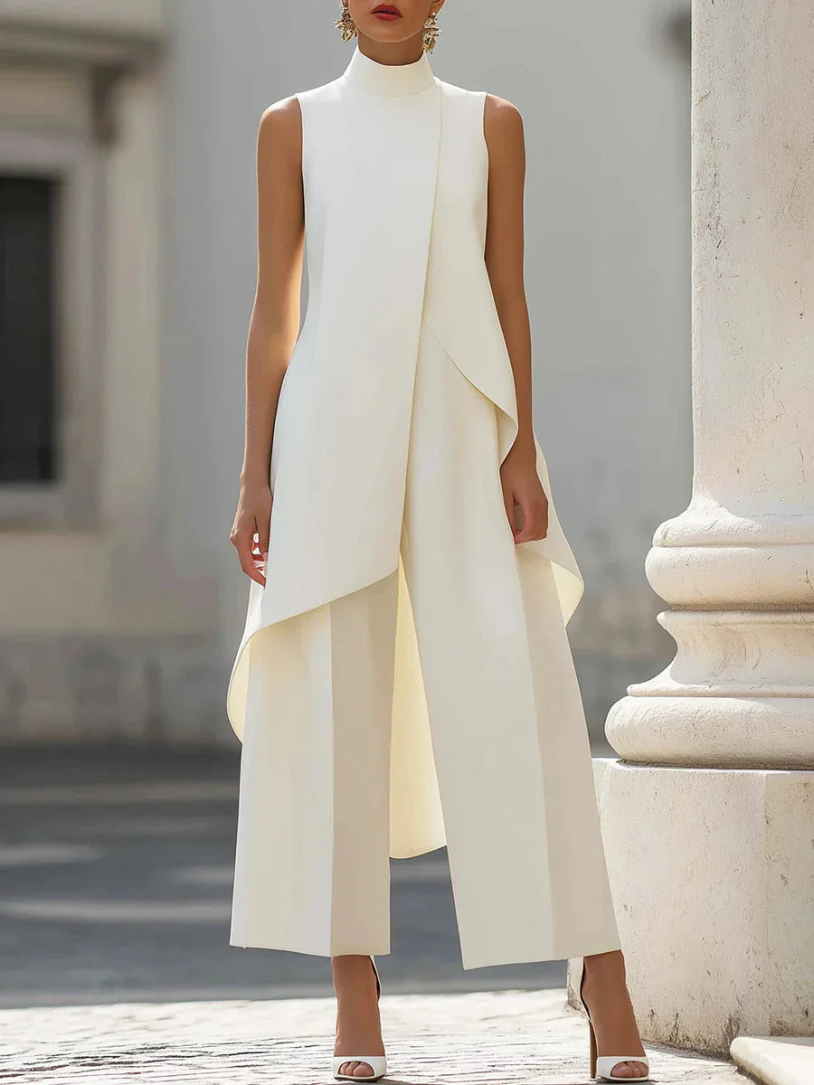 Womens Matching Sets 2026 Summer Fashion Sleeveslee Ensemble 2 Piece Woman Elegant Irregular Design Straight Pants Simple Style