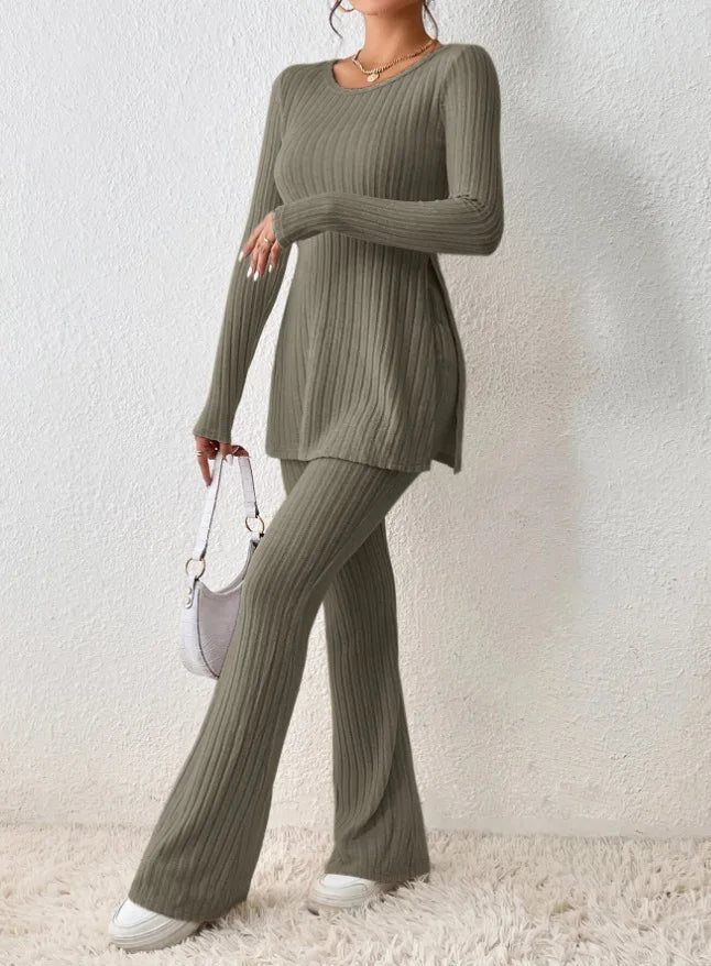Autumn Winter Women's Clothing New Style Solid Color Sexy Casual Long Sleeved Round Neck Slit Fashion Temperament Two-piece Set