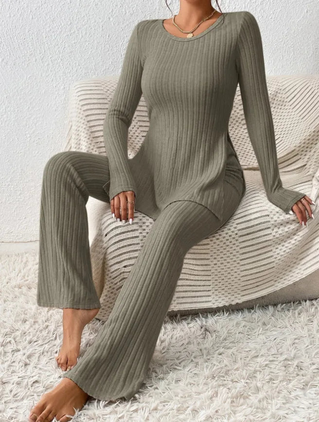 Autumn Winter Women's Clothing New Style Solid Color Sexy Casual Long Sleeved Round Neck Slit Fashion Temperament Two-piece Set