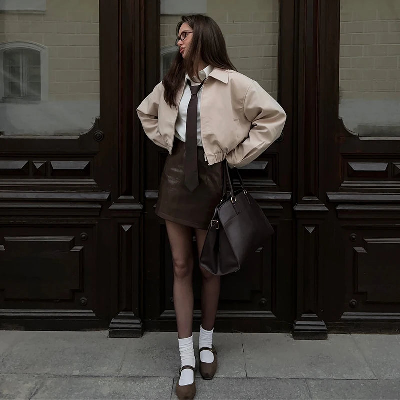 Casual Solid Women's Jacket Shorts Suit Turn-Down Collar Zipper Pocket Flower Bud Short Pants Lady Set 2026 Autumn Lady Outfits