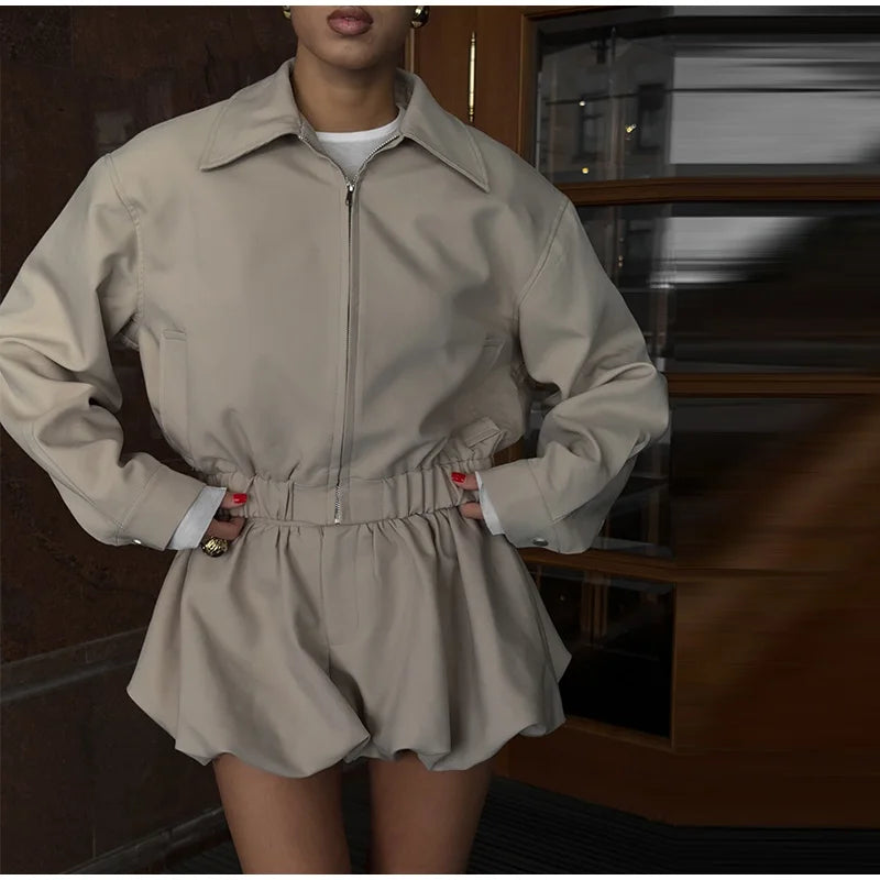 Flower Bud Shorts Coats Suits Women Lapel Long Sleeves Zipper Elastic Band Wide Legs Sets Female 2025 Autumn New Fashion Outfits
