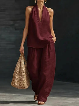 Women's Summer Suit Loose Two-piece Halter Neck V-neck Sleeveless Tops Pants Set 2 Piece Woman 2026 Summer Casual Matching Sets