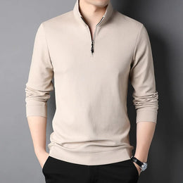 2023 Spring and Autumn Men's Pullover Stand Neck Zipper Solid Long Sleeve T-shirt High Neck POLO Bottom Fashion Casual Tops