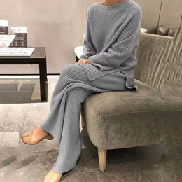 2025 Autumn Women New Loose Round Neck Long Sleeve Pullover + Straight Wide-leg Trousers Two-piece Suit Women's Home Casual Suit