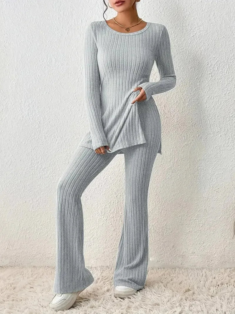 Autumn Winter Women's Clothing New Style Solid Color Sexy Casual Long Sleeved Round Neck Slit Fashion Temperament Two-piece Set