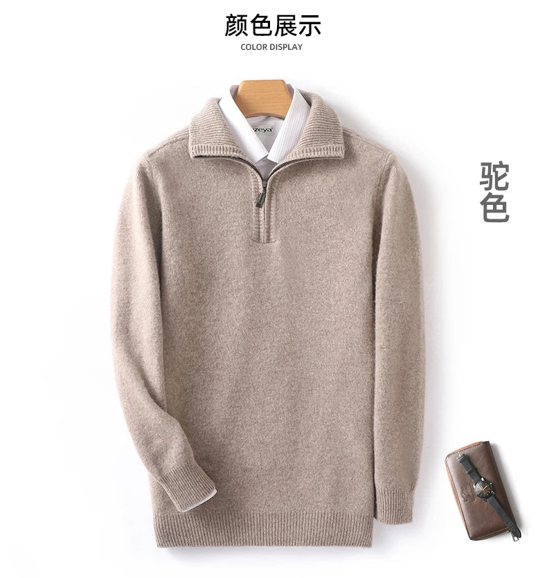 Autumn/Winter New Men's 100% Pure Wool Sweater Business Casual Half Zip Lapel Pullover Thickened Warm Knitted Long Sleeve Jumper