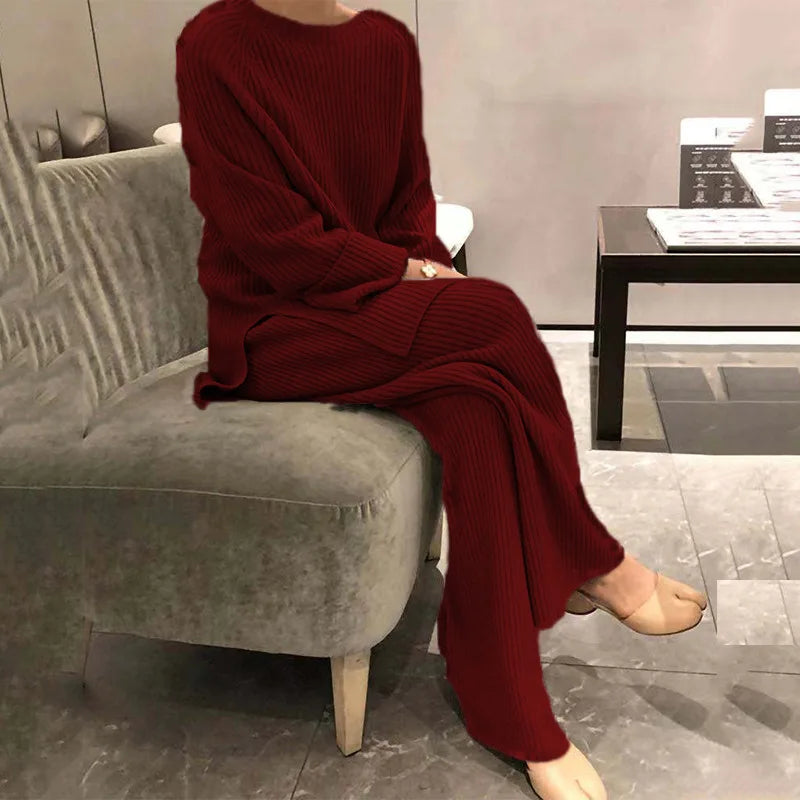 2025 Autumn Women New Loose Round Neck Long Sleeve Pullover + Straight Wide-leg Trousers Two-piece Suit Women's Home Casual Suit