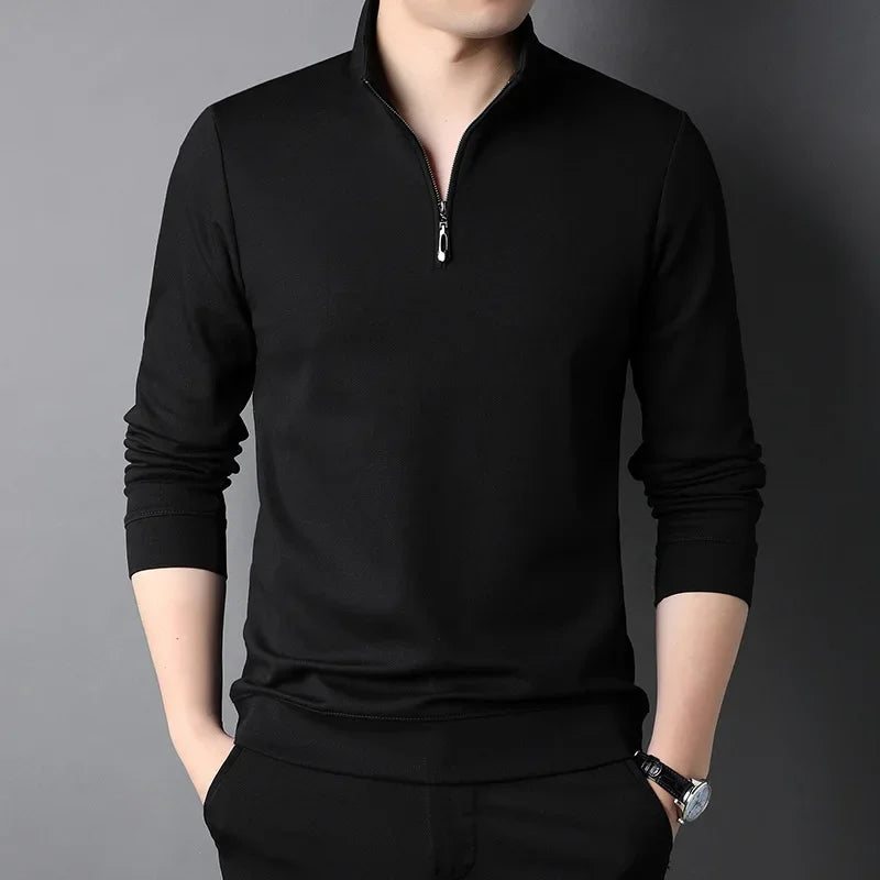 2023 Spring and Autumn Men's Pullover Stand Neck Zipper Solid Long Sleeve T-shirt High Neck POLO Bottom Fashion Casual Tops
