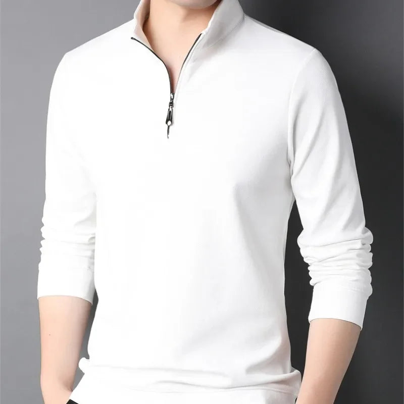 2023 Spring and Autumn Men's Pullover Stand Neck Zipper Solid Long Sleeve T-shirt High Neck POLO Bottom Fashion Casual Tops