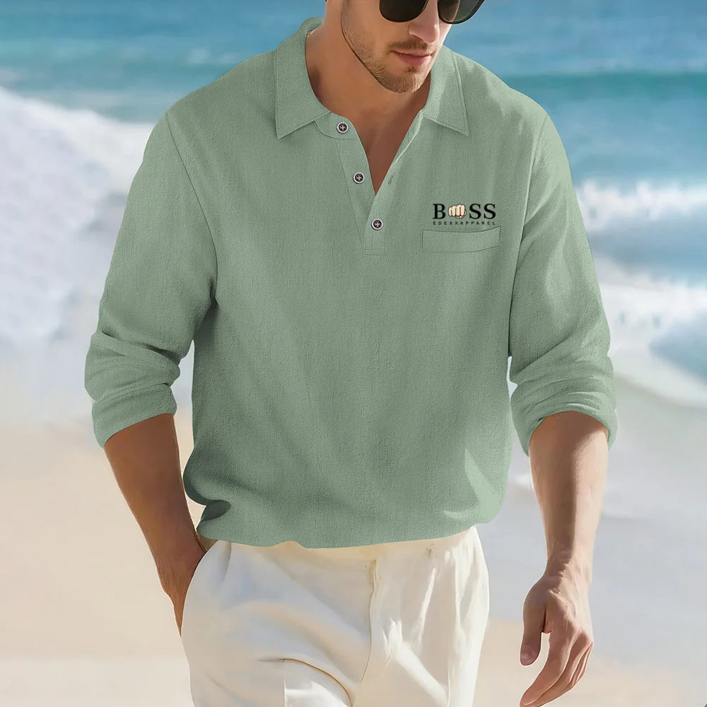 Men's Casual Soft Lightweight Linen Cotton Lapel Shirt Spring Autumn Loose Solid Color Fashion Decorative Flap Top