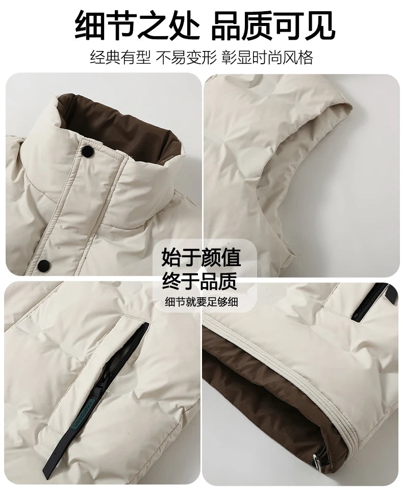 Autumn and Winter Men's Down Cotton Vest Men Windproof Warm Vest Jackets New Trend Fashion Zipper Hooded Solid Color Vest Coat