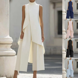 Womens Matching Sets 2026 Summer Fashion Sleeveslee Ensemble 2 Piece Woman Elegant Irregular Design Straight Pants Simple Style