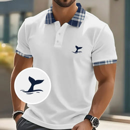 Whale Grid Pattern Polo Shirt For Men Fun Colorful 3D Printed Tees Summer Casual Street Short Sleeve Loose T-Shirt Lapel Tops