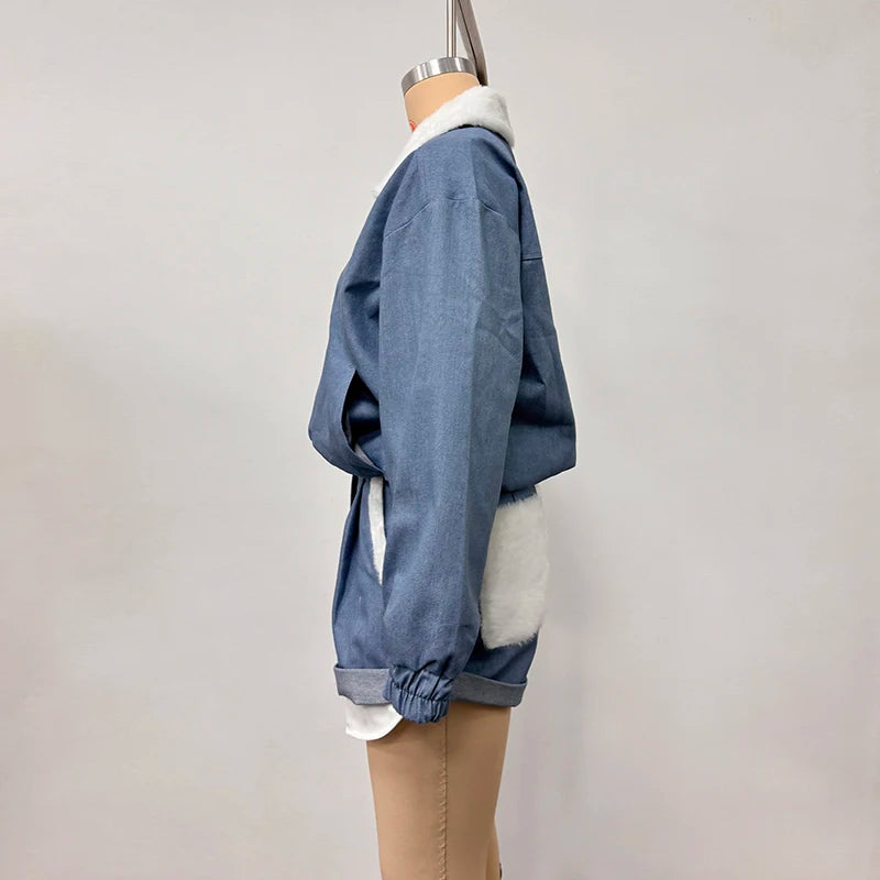 Solid Women Set Contrast Lapel Zip Up Denim Texture Jacket Elastic Waist Shorts Wide Leg Drawstring Trousers 2026 Autumn Suit