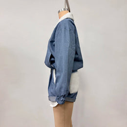 Solid Women Set Contrast Lapel Zip Up Denim Texture Jacket Elastic Waist Shorts Wide Leg Drawstring Trousers 2026 Autumn Suit