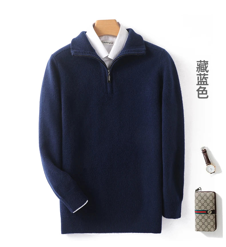 Autumn/Winter New Men's 100% Pure Wool Sweater Business Casual Half Zip Lapel Pullover Thickened Warm Knitted Long Sleeve Jumper
