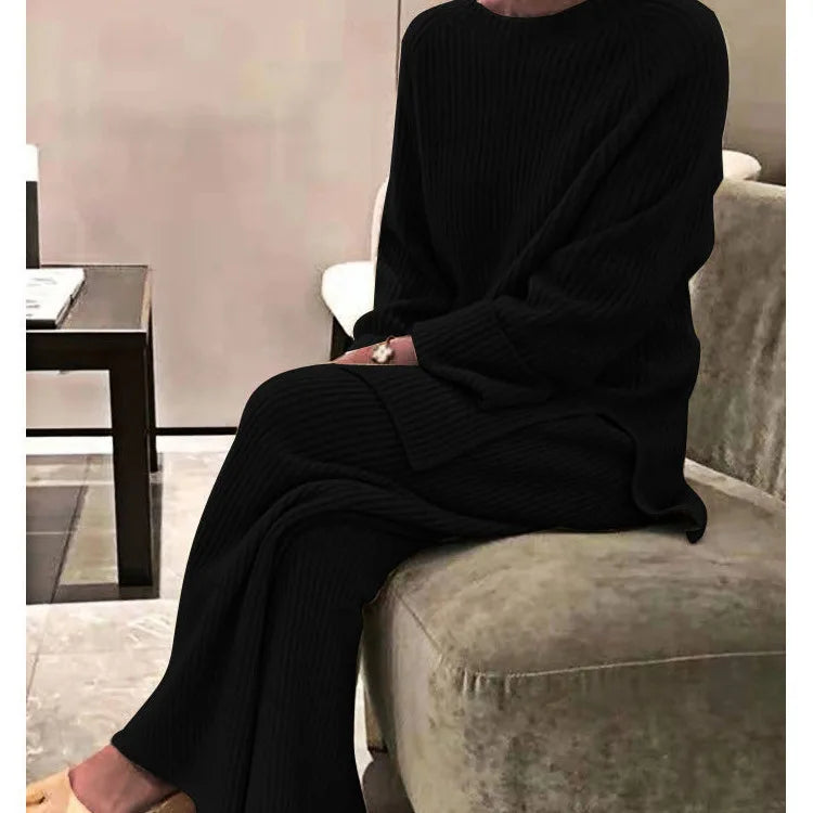 2025 Autumn Women New Loose Round Neck Long Sleeve Pullover + Straight Wide-leg Trousers Two-piece Suit Women's Home Casual Suit