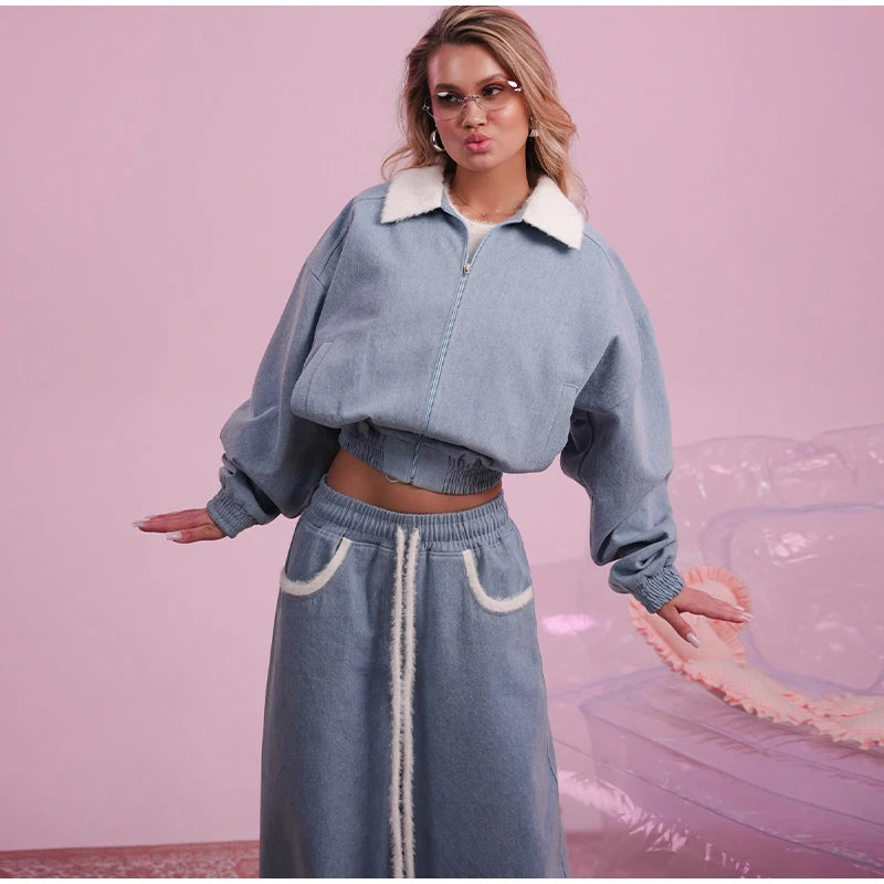 Solid Women Set Contrast Lapel Zip Up Denim Texture Jacket Elastic Waist Shorts Wide Leg Drawstring Trousers 2026 Autumn Suit