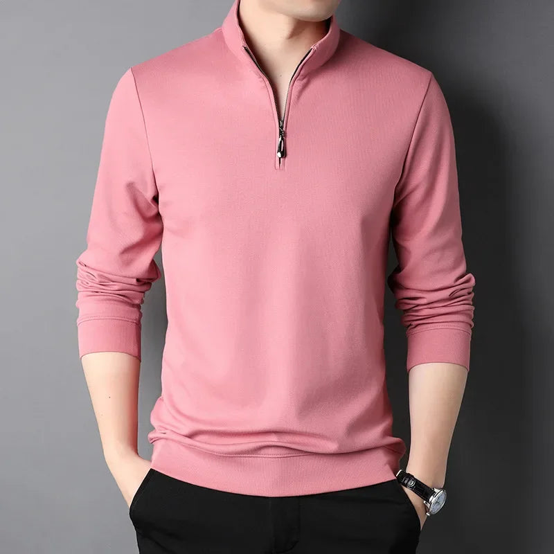 2023 Spring and Autumn Men's Pullover Stand Neck Zipper Solid Long Sleeve T-shirt High Neck POLO Bottom Fashion Casual Tops