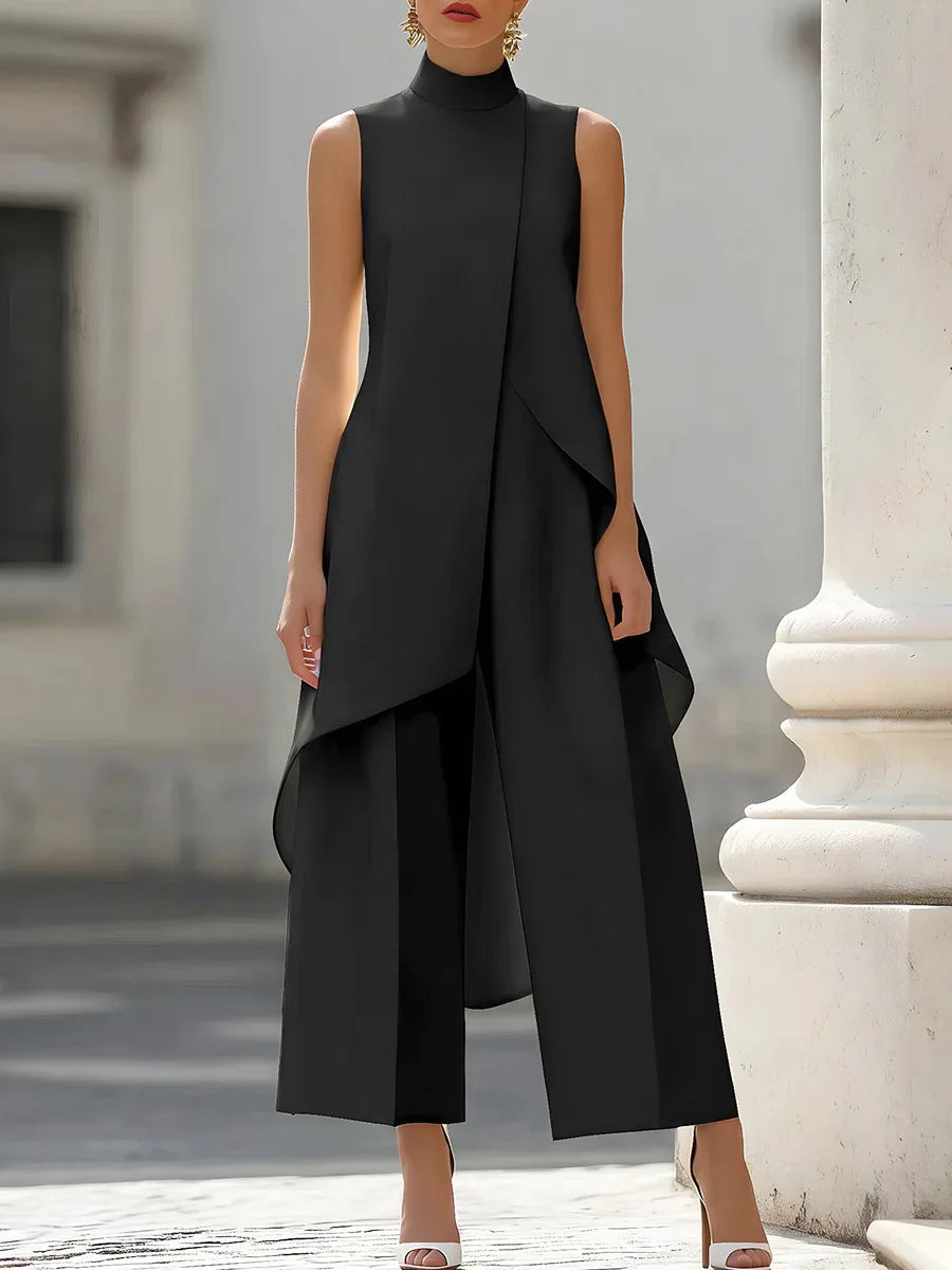 Womens Matching Sets 2026 Summer Fashion Sleeveslee Ensemble 2 Piece Woman Elegant Irregular Design Straight Pants Simple Style