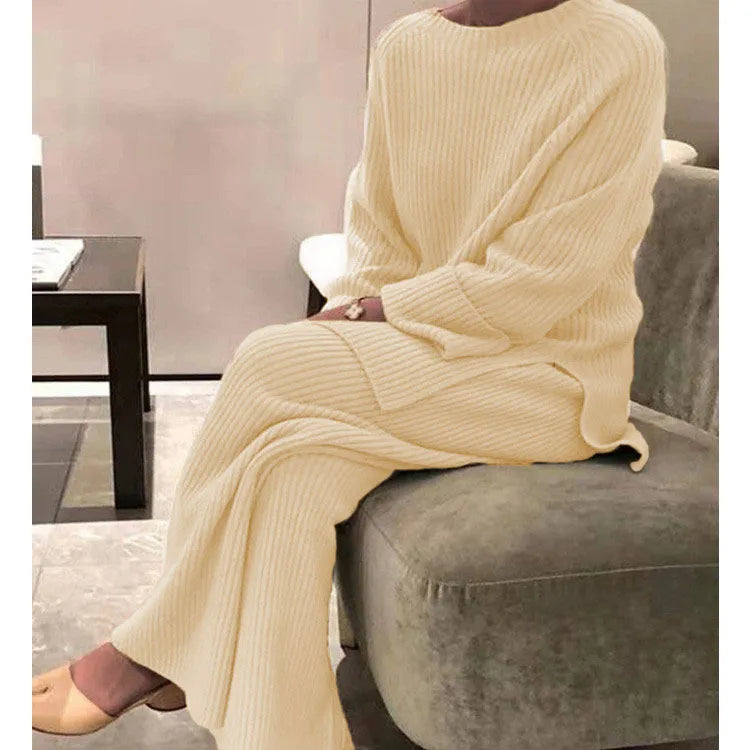 2025 Autumn Women New Loose Round Neck Long Sleeve Pullover + Straight Wide-leg Trousers Two-piece Suit Women's Home Casual Suit