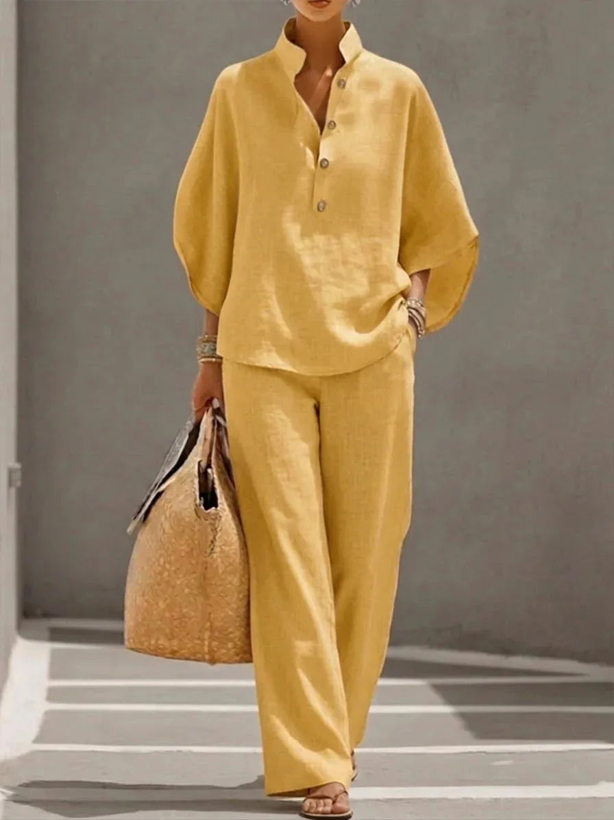 Fashion Cotton Linen Pant Set Women's Matching Sets Casual Stand Collar Button Top Wide Leg 2-piece Set Retro Female Office Suit