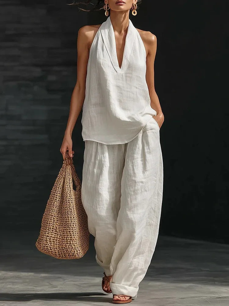 Women's Summer Suit Loose Two-piece Halter Neck V-neck Sleeveless Tops Pants Set 2 Piece Woman 2026 Summer Casual Matching Sets