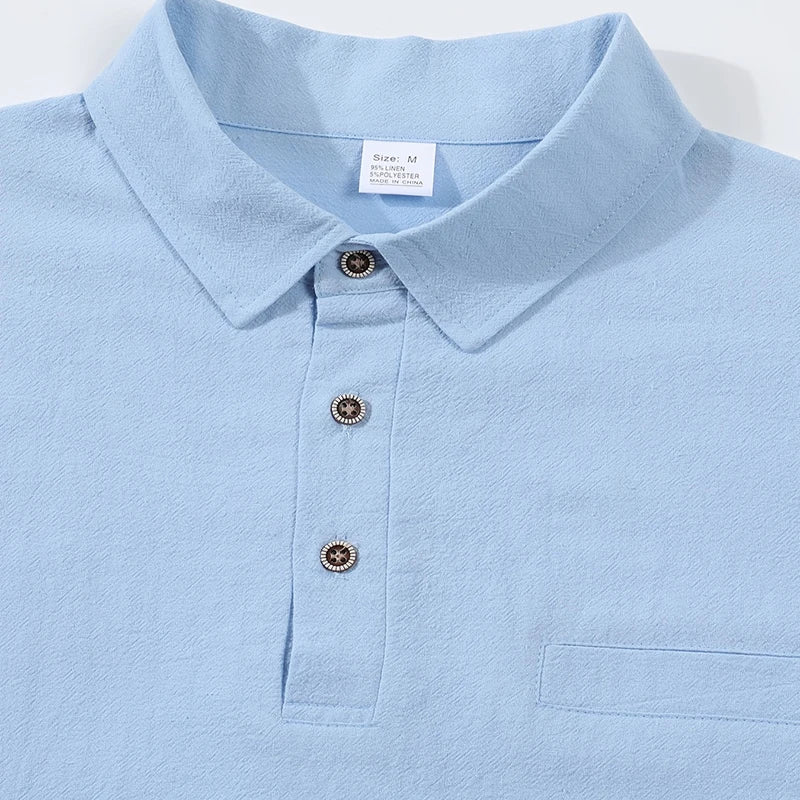 Men's Casual Soft Lightweight Linen Cotton Lapel Shirt Spring Autumn Loose Solid Color Fashion Decorative Flap Top