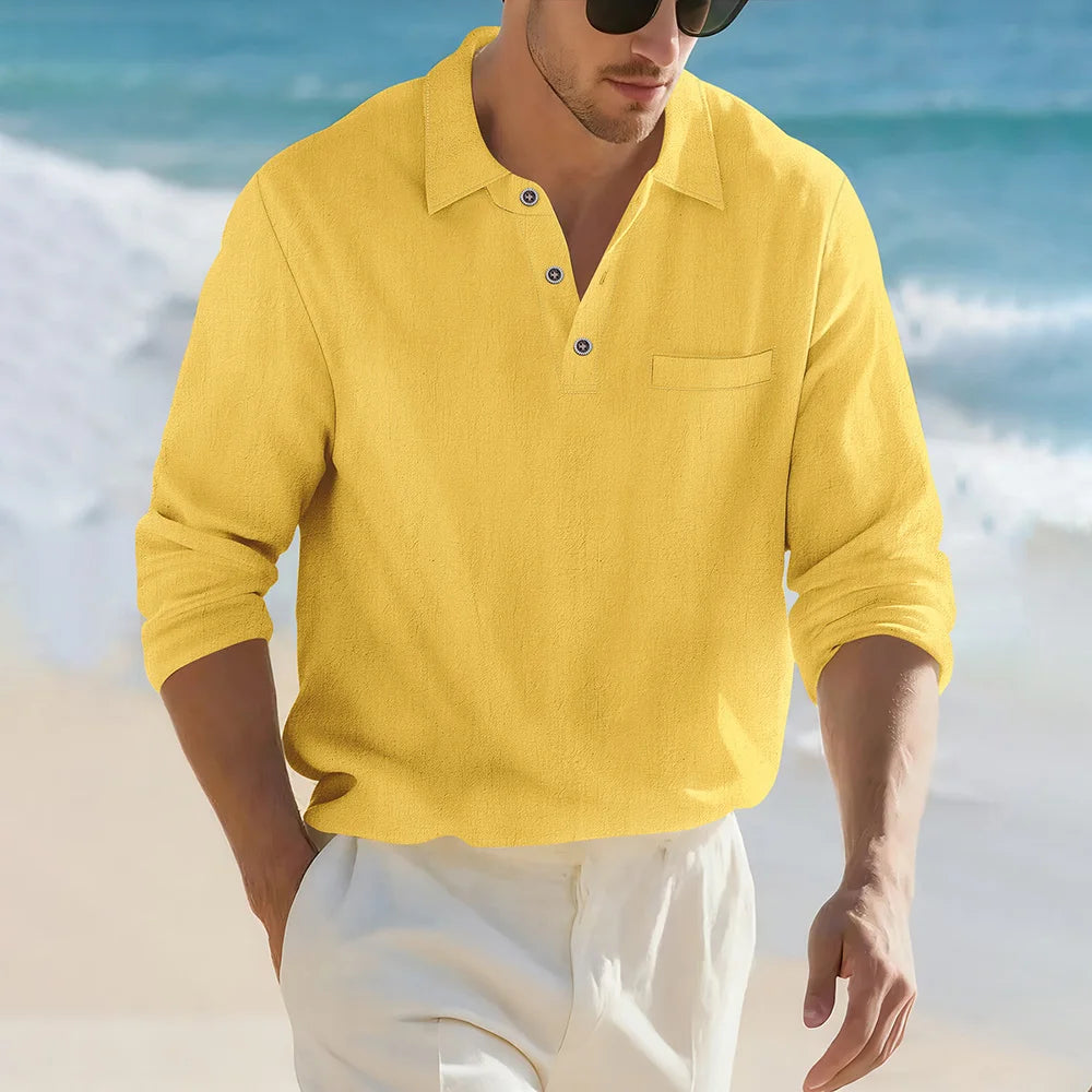 Men's Casual Soft Lightweight Linen Cotton Lapel Shirt Spring Autumn Loose Solid Color Fashion Decorative Flap Top