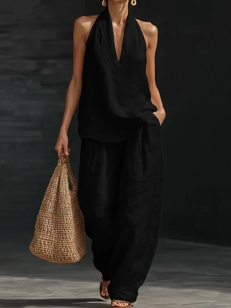 Women's Summer Suit Loose Two-piece Halter Neck V-neck Sleeveless Tops Pants Set 2 Piece Woman 2026 Summer Casual Matching Sets