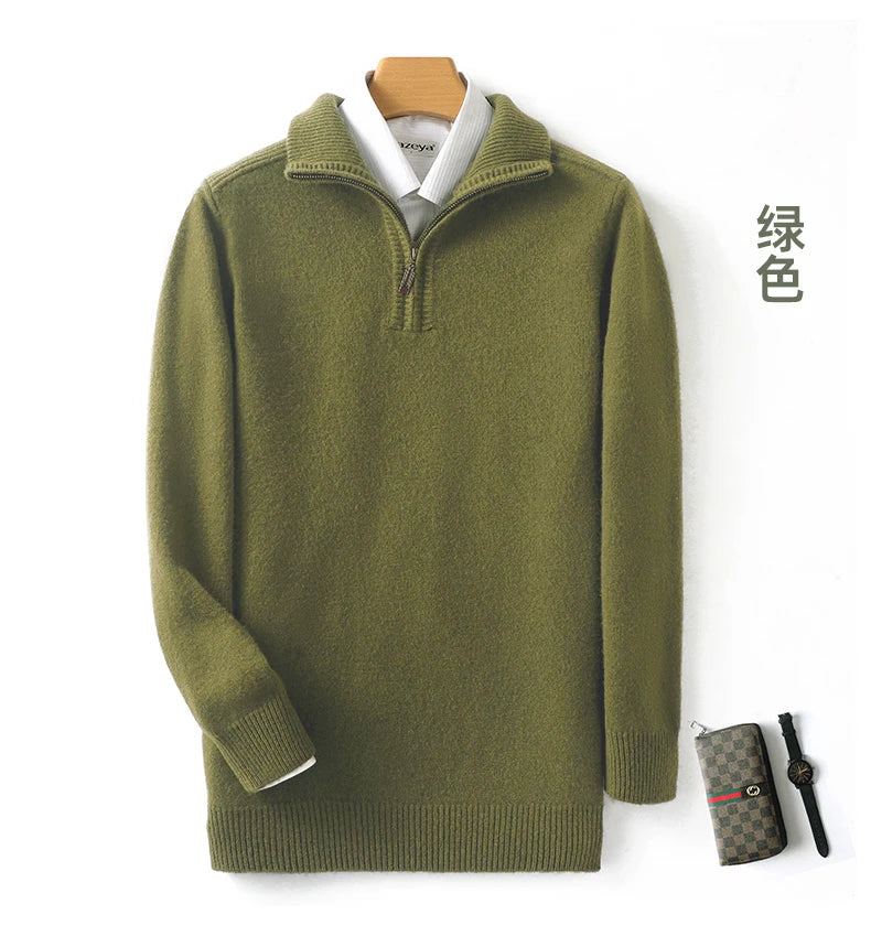 Autumn/Winter New Men's 100% Pure Wool Sweater Business Casual Half Zip Lapel Pullover Thickened Warm Knitted Long Sleeve Jumper
