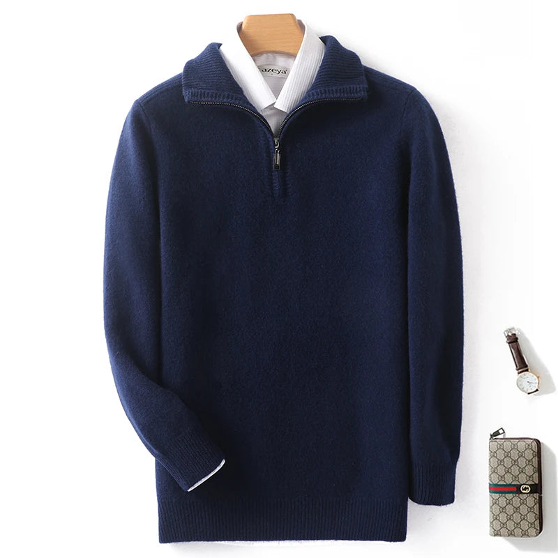 Autumn/Winter New Men's 100% Pure Wool Sweater Business Casual Half Zip Lapel Pullover Thickened Warm Knitted Long Sleeve Jumper