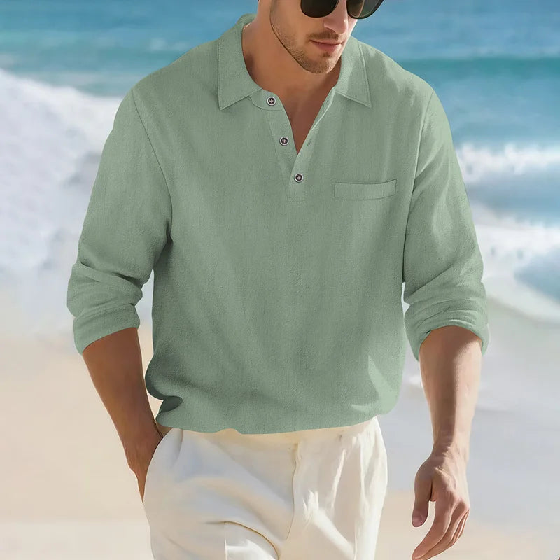 Men's Casual Soft Lightweight Linen Cotton Lapel Shirt Spring Autumn Loose Solid Color Fashion Decorative Flap Top